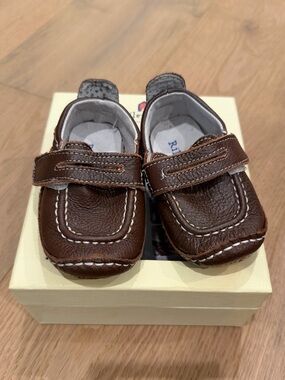 Riley Roos Baby Brown Leather Loafer Walkers with Velcro Strap